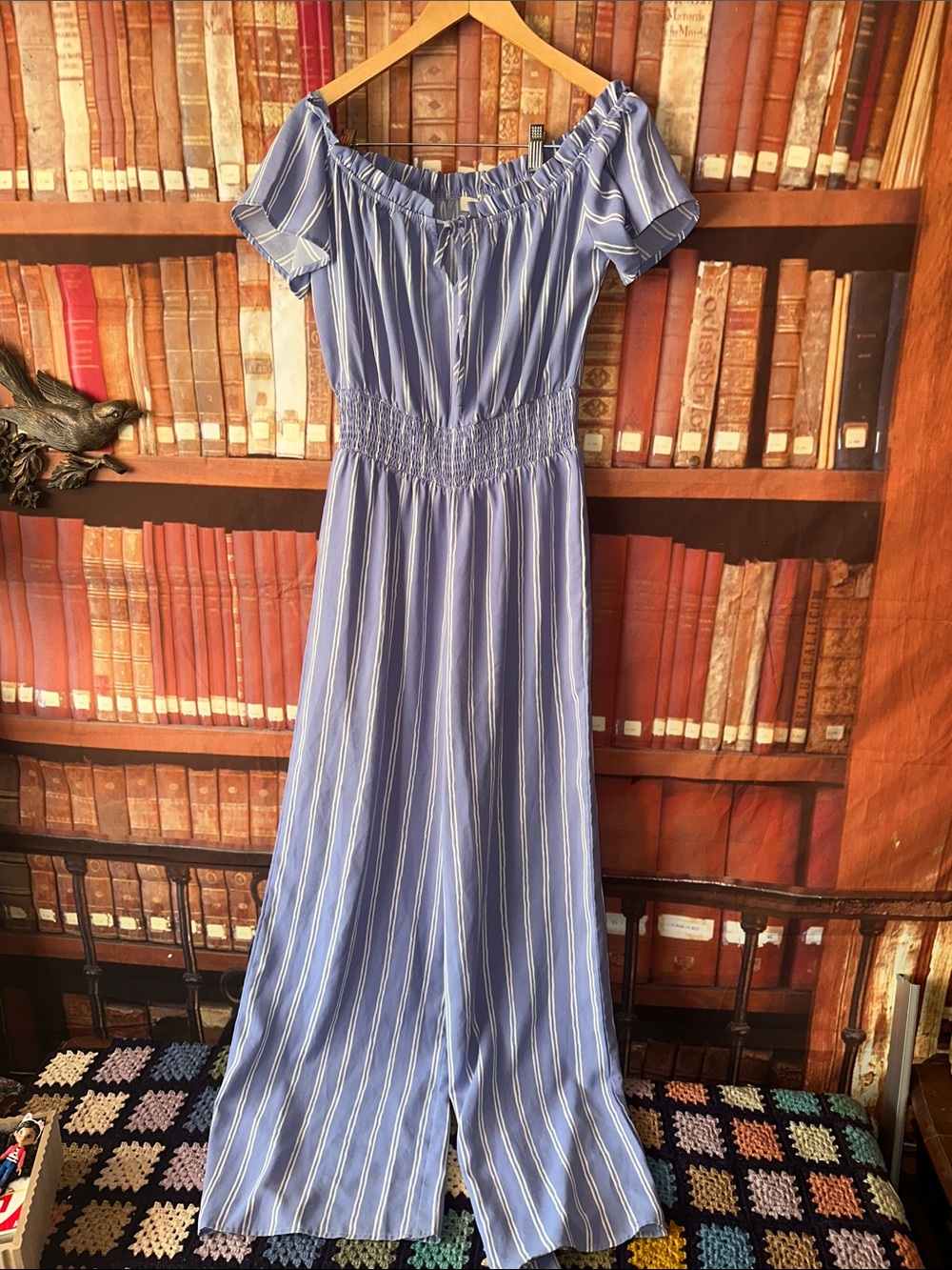 Privy Blue White Striped Off Shoulder Wide Leg Jumpsuit L